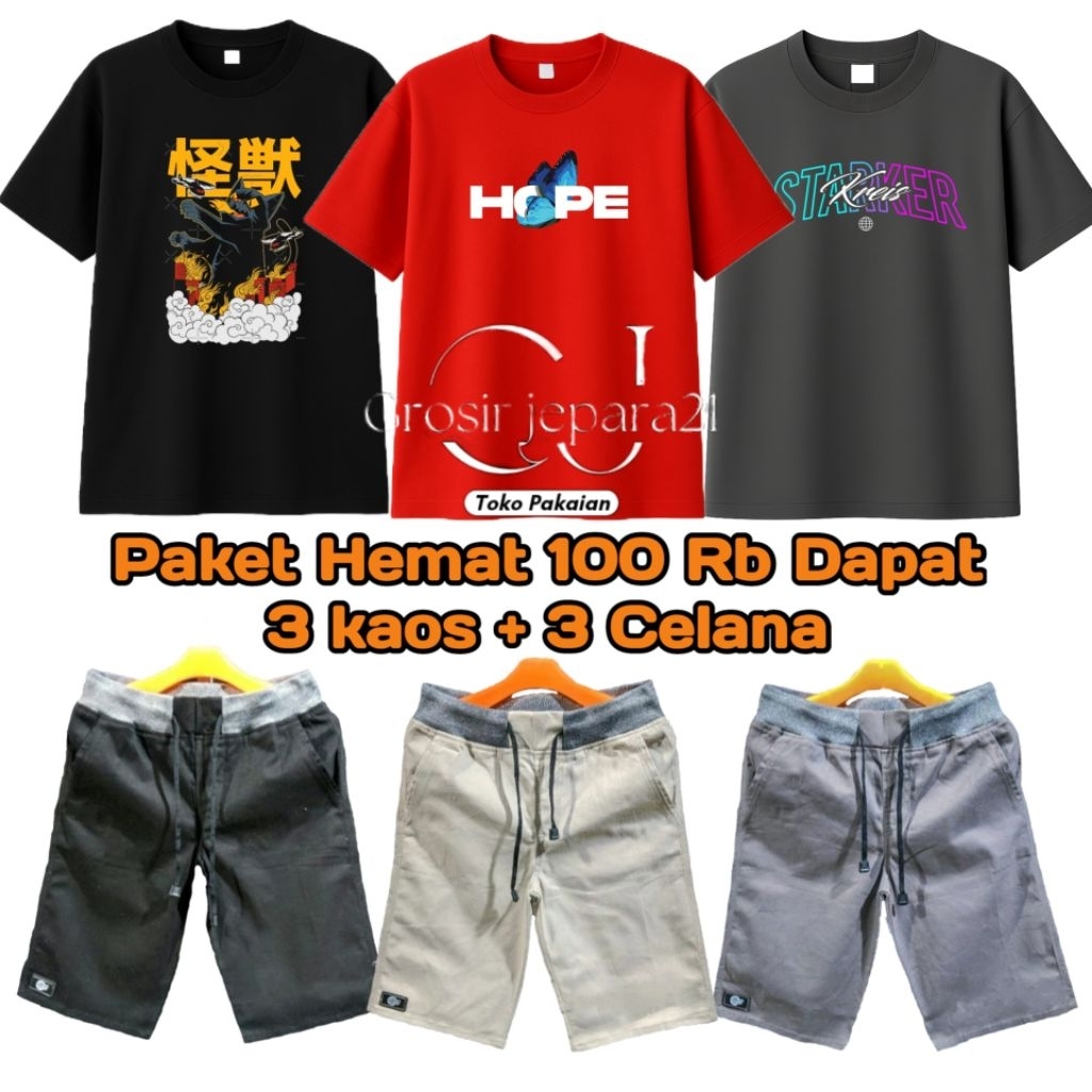 PROMO (BISA RIQUEST) PAKET HEMAT 100 RB DAPET 3 KAOS + 3 CELANA CHINOS PENDEK PRIA DEWASA