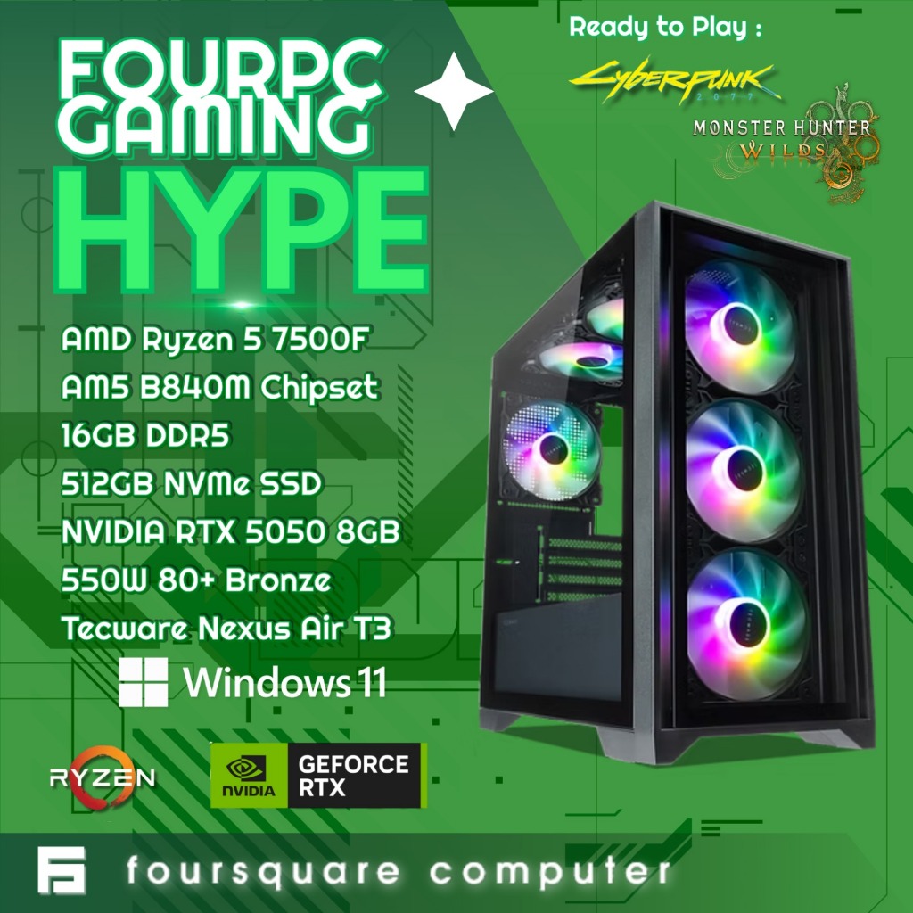 FourPCGaming Hype Rakitan Komputer Gaming AMD Ryzen 5 7500F RTX 5050 | RTX 5060 | RX 9060 XT | RTX 5