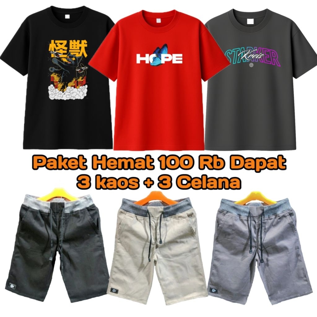 PROMO (BISA RIQUEST) PAKET HEMAT 100 RB DAPET 3 KAOS + 3 CELANA CHINOS PENDEK PRIA DEWASA