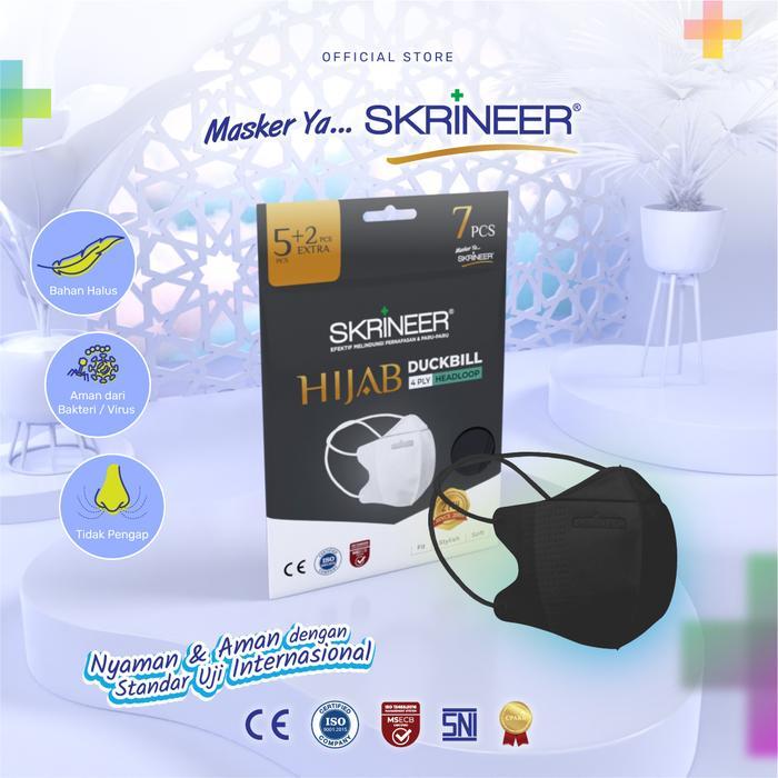Skrineer Masker Duckbill Hijab Black 4 Ply – 5+2 pcs | Masker Medis Headloop Hologram Original