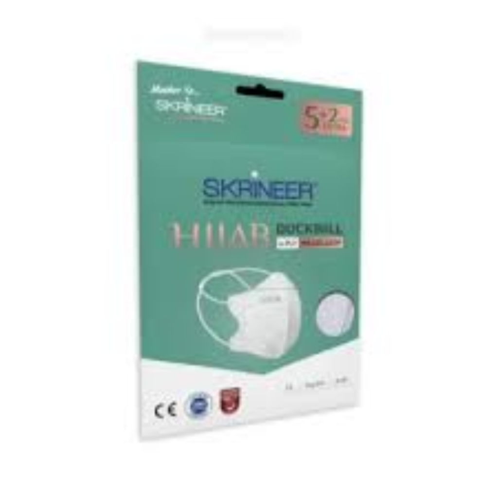 Skrineer Masker Duckbill Hijab White 4 Ply – 5+2 pcs | Masker Medis Headloop Hologram Original