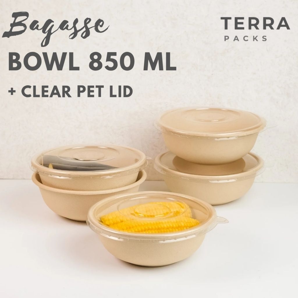 Terra Bagasse Bowl Clear Transparan Lid 850 ML Paper Bowl Mangkok Disposable Sekali Pakai Tahan Pana