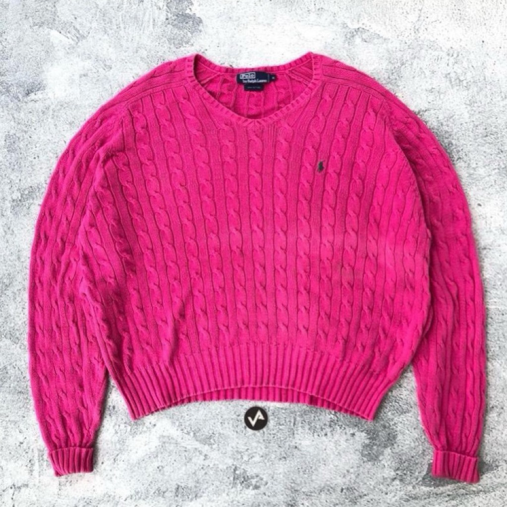Sweater V-Neck Polo Ralph Lauren Cableknit Rajut Full Kepang Magenta