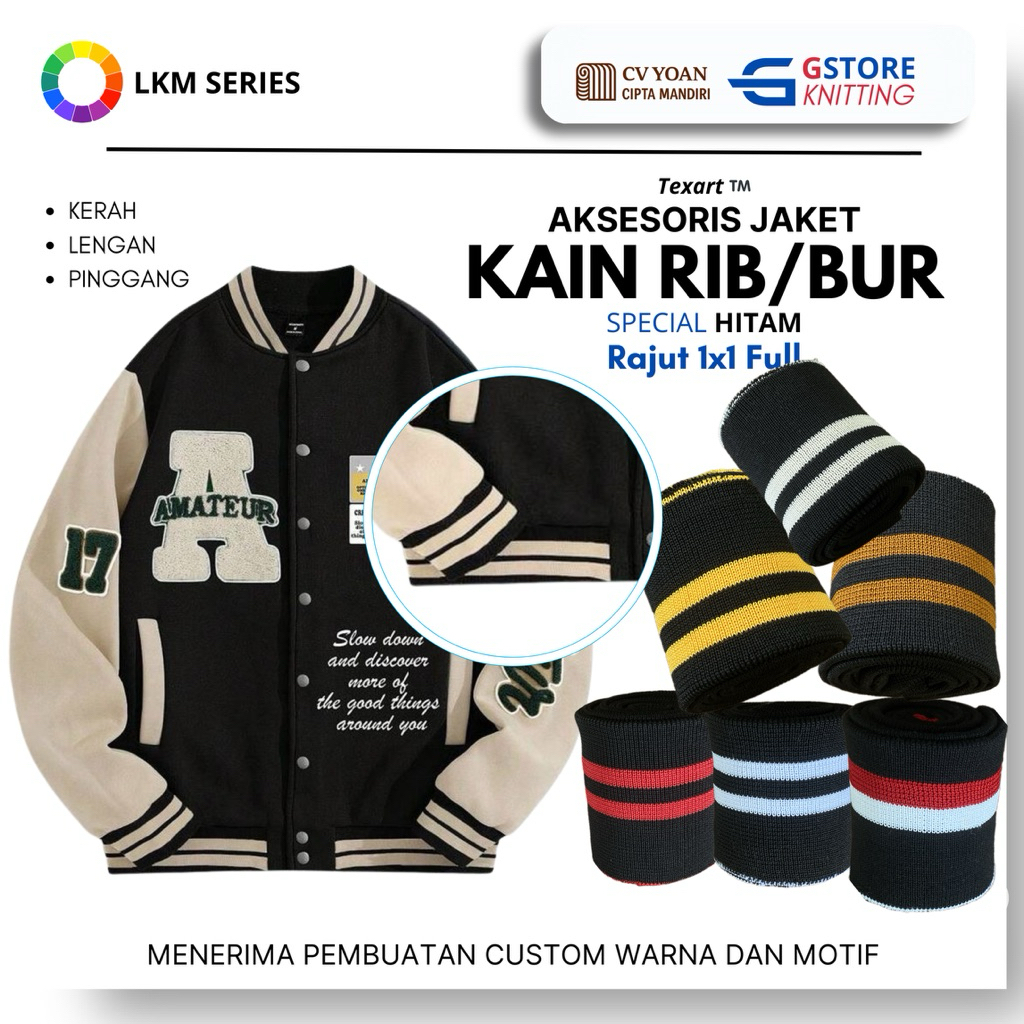 Kain RIB boor jaket hitam polyester rajut premium