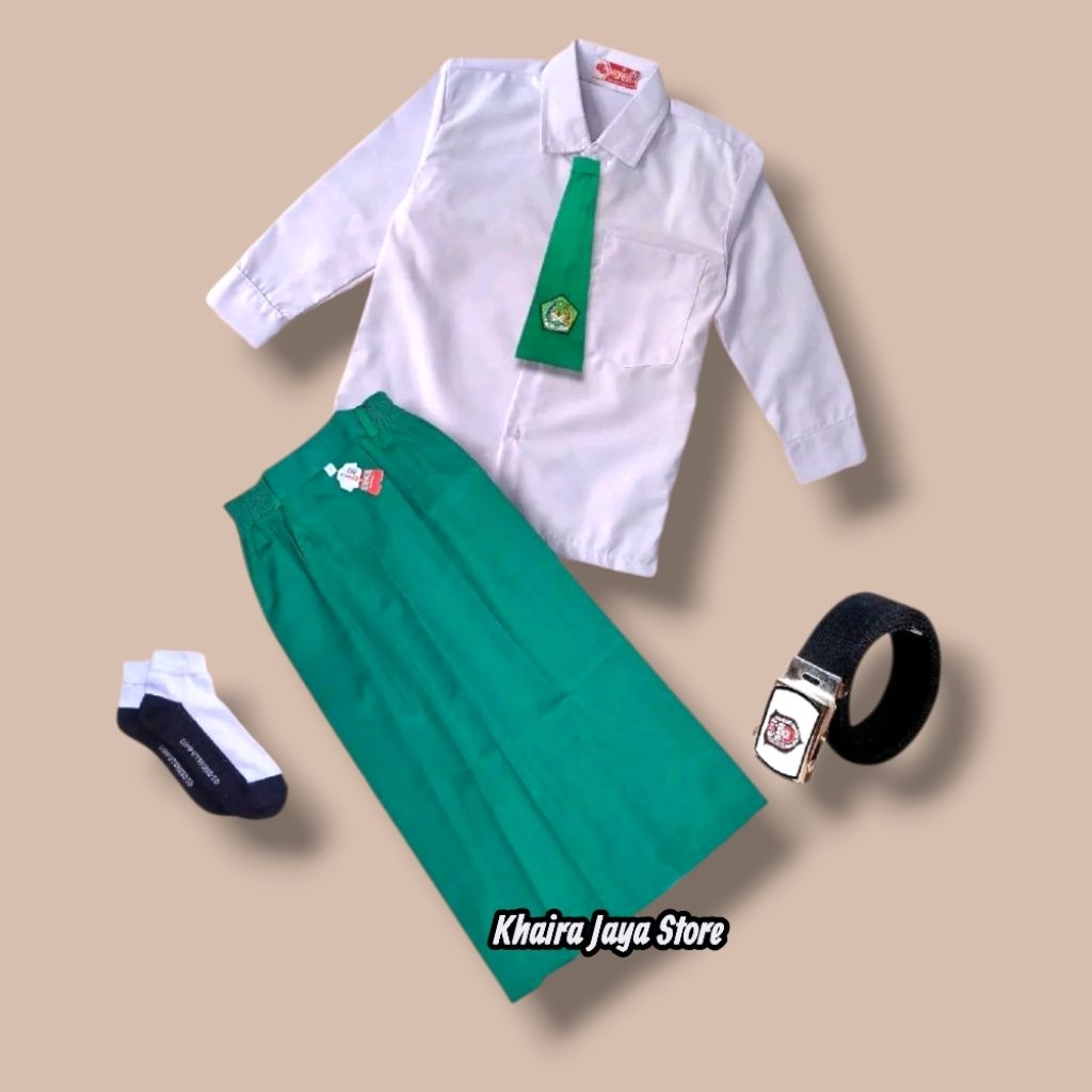 Setelan Putih Hijau Anak Perempuan Seragam Sd MI Baju Polos Panjang Rok Rempel Hijau