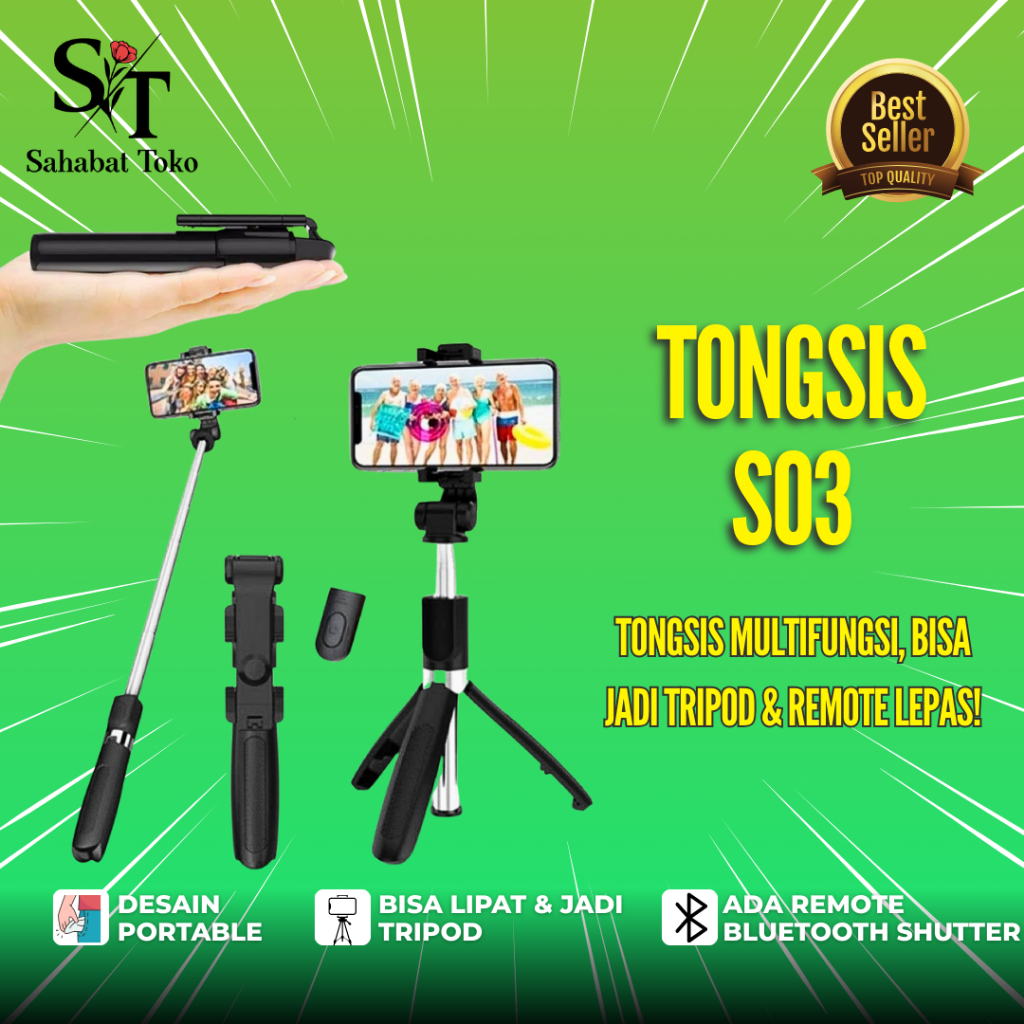 tongkat selfie tongsis tripod tripot hp handphone berdiri wireless selfie stick portable S03 stand h