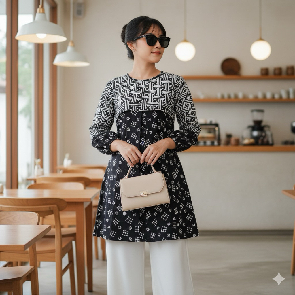 Shanaya Batik Tunik Seling Hitam Cap Garutan Ori Batik Cap Solo Atasan Batik Modern