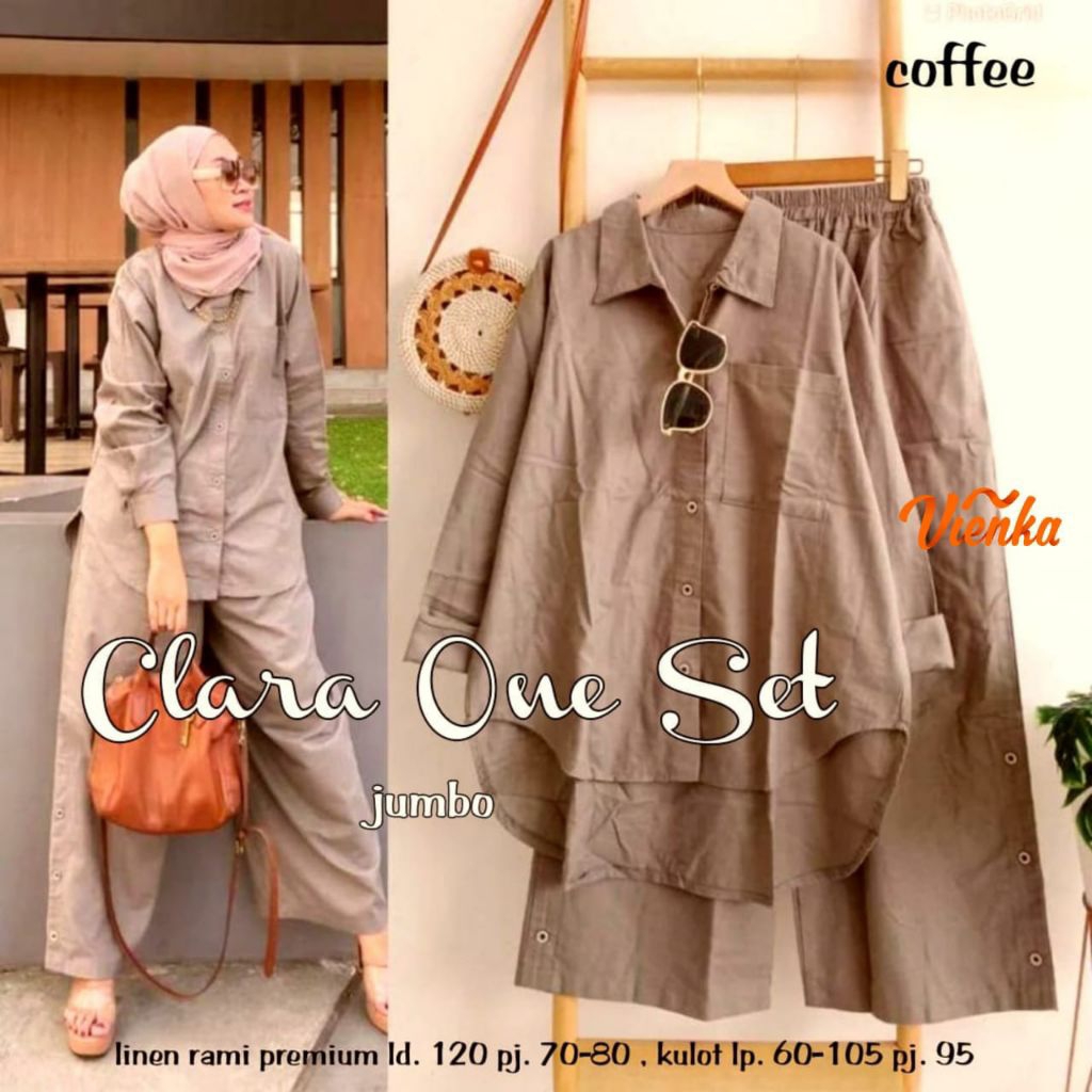 Clara One Set/Setelan Blouse Celana Linen Premium/One Set Jumbo