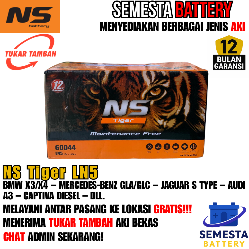 Aki Mobil NS Tiger LN5 – Aki Kering, Garansi 12 Bulan – Cocok untuk BMW X3/X4, Mercedes-Benz GLA/GLC