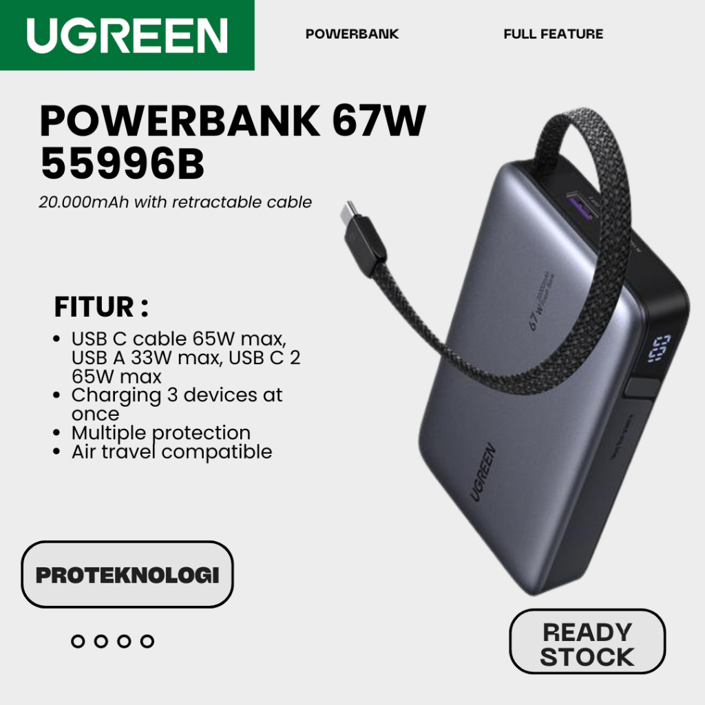 UGREEN 55996B 67W Powerbank Built In Cable Type C 20000mAh Fast Charging