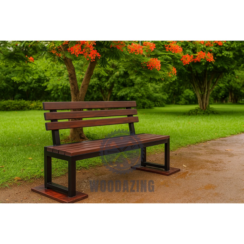 Long Bench Bangku Panjang Dengan Sandaran Bahan Besi Dan Kayu Kursi Teras Taman Ruang Tunggu
