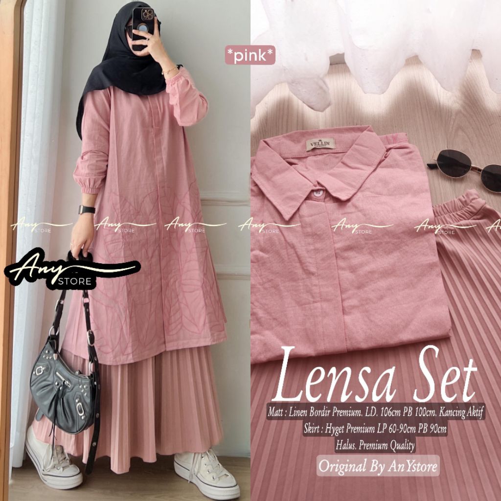 Lensa Set setelan tunik linen bordir premium dan rok panjang plisket hyget premium outfit kampus ker