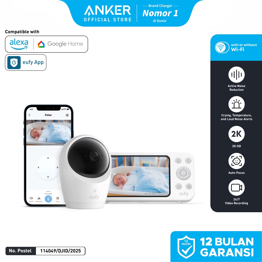 Eufy Baby Monitor E20 with 2K Camera, Hybrid Wi-Fi and No Wi-Fi Connection, App and Monitor Control,