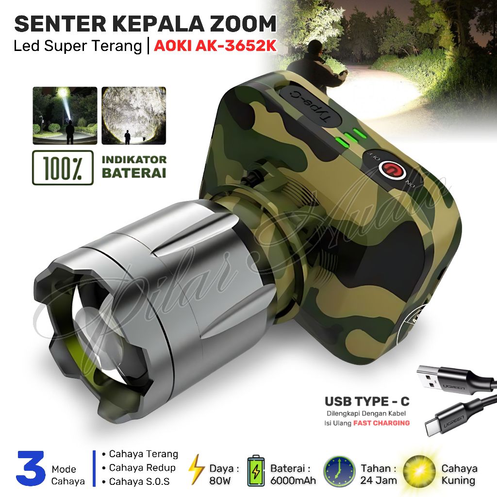 Aoki Senter Kepala 80W 1300-1500 Lumen USB-C || Senter Kepala Aoki RechargePro USB-C Tahan Air