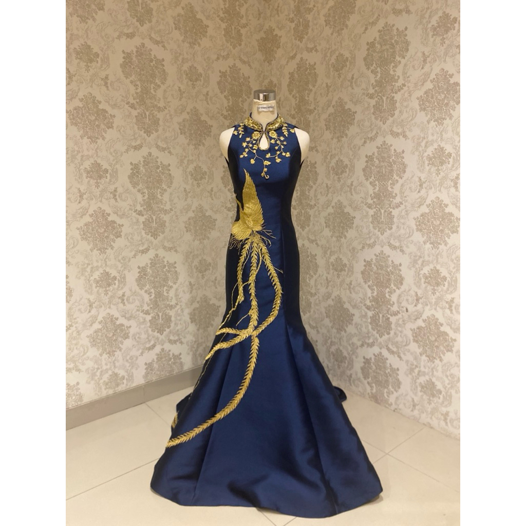 Cheongsam Sangjit Mewah Satin Mikado Navy Gold