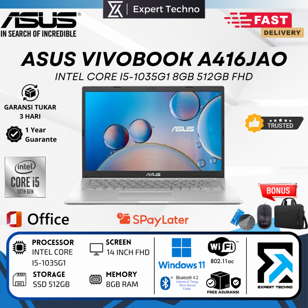 ASUS VIVOBOOK A416JAO INTEL CORE I5-1035G1 / 8GB RAM / 512GB SSD / 14" FHD / Windows 11