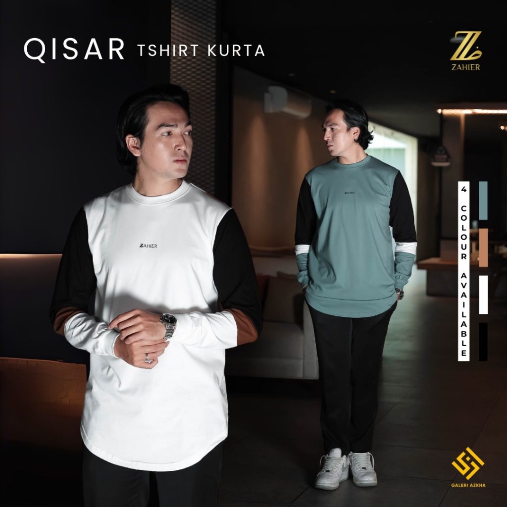 ZAHIER Kaos Kurta Pria Qisar Premium Lengan Panjang Casual Kombinasi Cotton Combed 24s Longline
