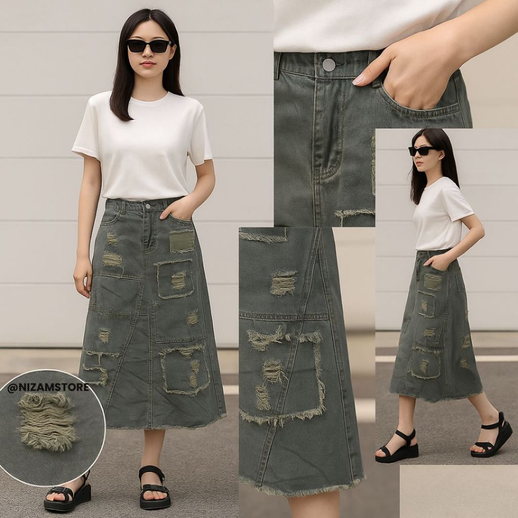 Rok Jeans Wanita Panjang Import Sobek Premium | Rok Denim A-Line Oversize Kekinian