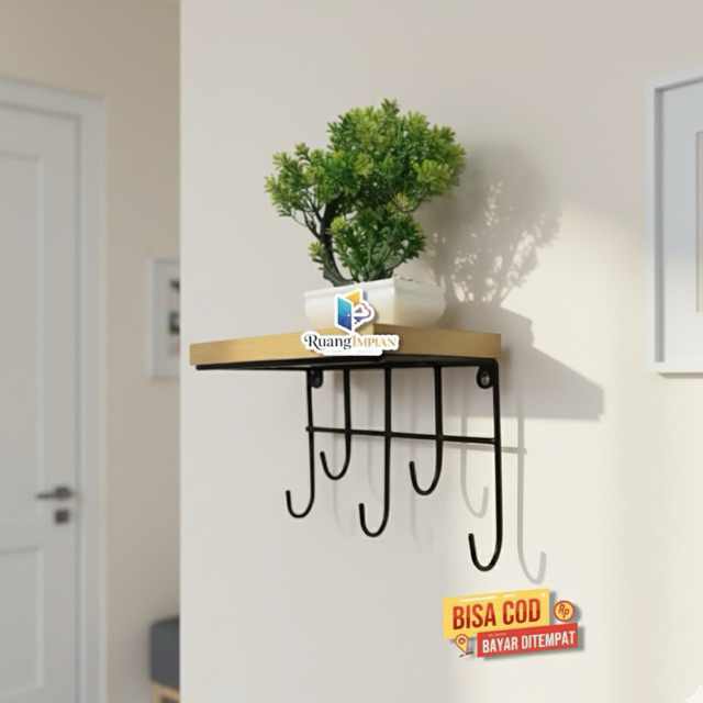 Rak Gantungan Kunci Dinding Kayu Besi Serbaguna dengan Rak Mini Hias Pot Bunga Multifungsi