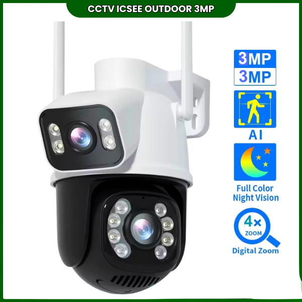 Cctv iCSee Outdoor Dual Camera 3MP WiFi Kamera PTZ Rekam Suara Konek Handphone