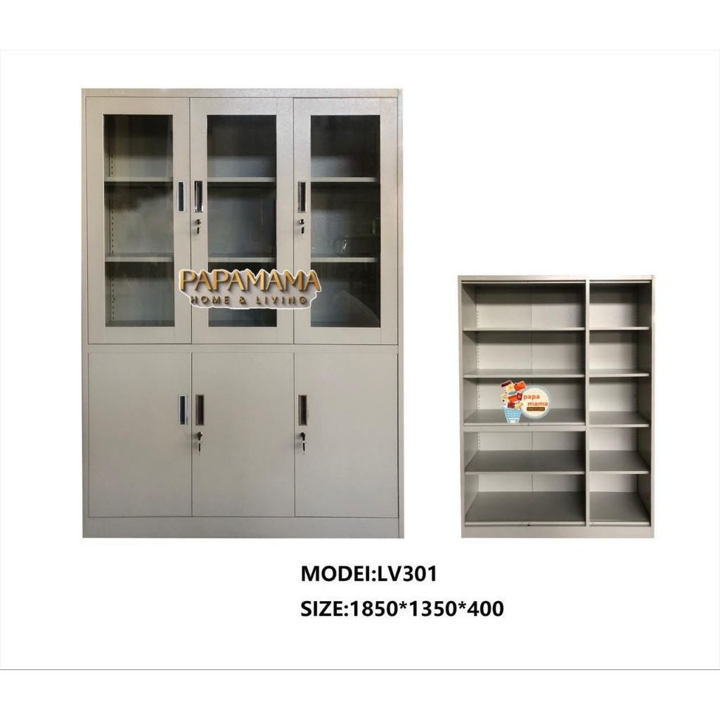 Lemari Arsip 3 Pintu Swing - Lemari Serbaguna Plat Besi Pintu Kaca - Lemari Buku