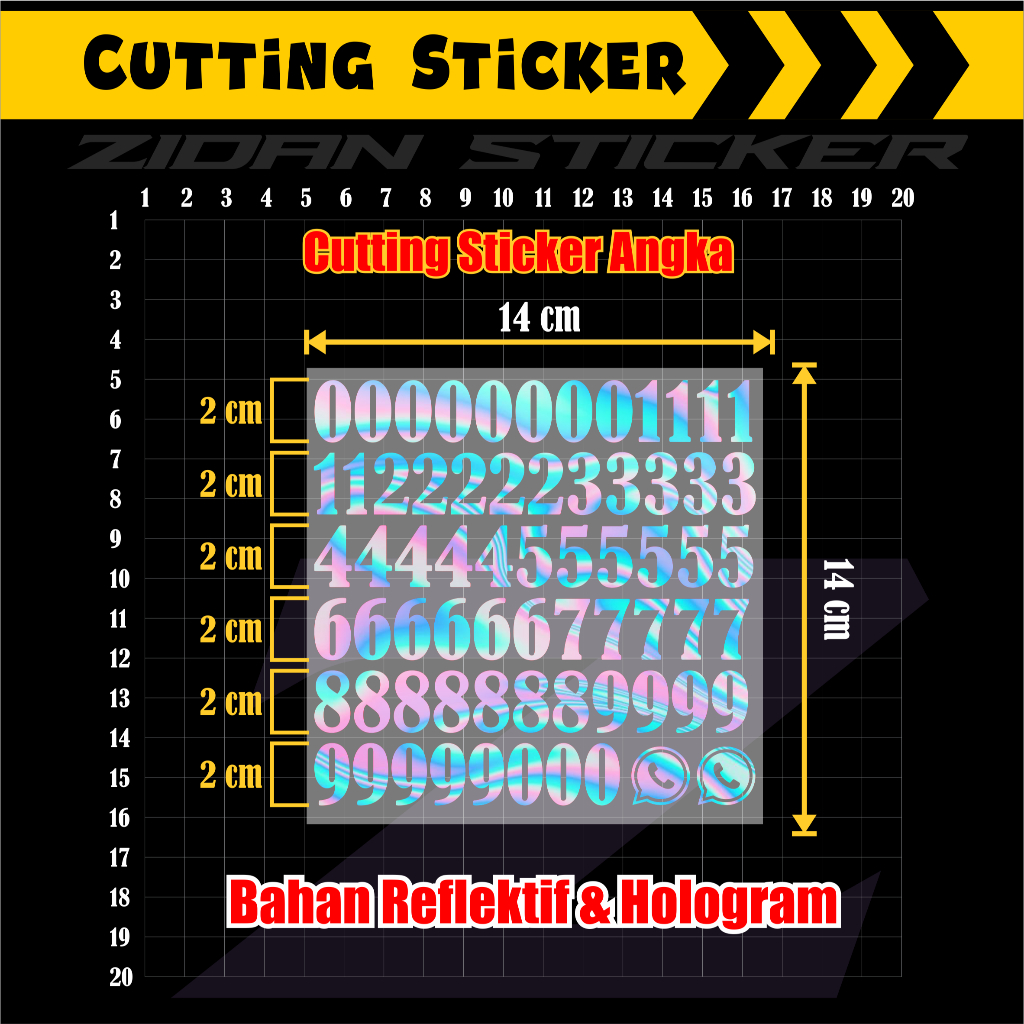 Sticker Cutting Angka / Tinggi 2cm / Bahan Vinil / Sticker Reflektif / Sticker Angka 1 Warna / Stick