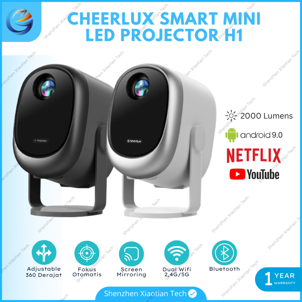 Proyektor Mini Cheerlux H1 Android 9.0 Wifi 2000 Lumens 360° Rotating | Proyektor Mini Android |  Pr