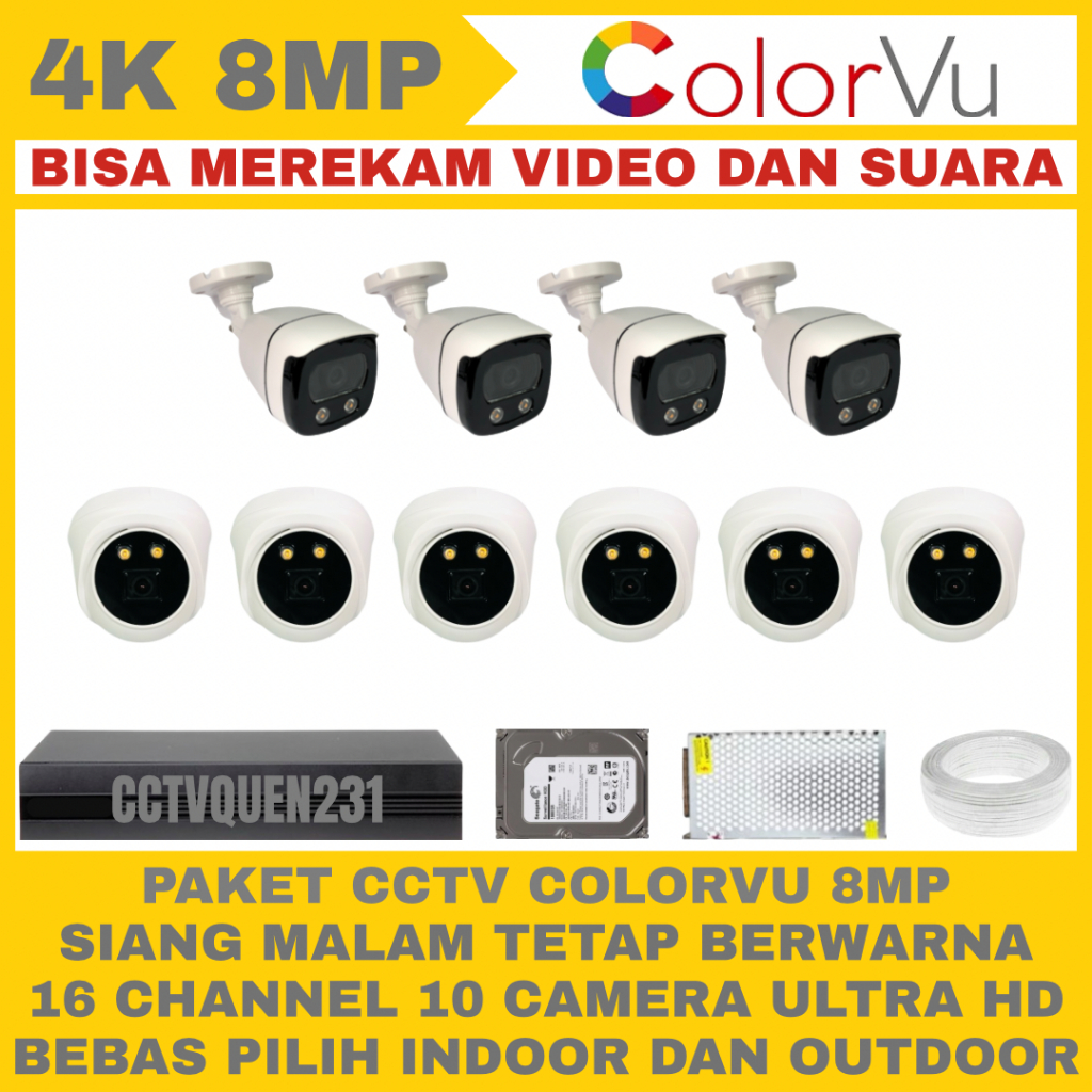PAKET CCTV COLORVU 8MP 16 CHANNEL 10 KAMERA ULTRA HD 4K CAMERA IR SONY AUDIO SERIES