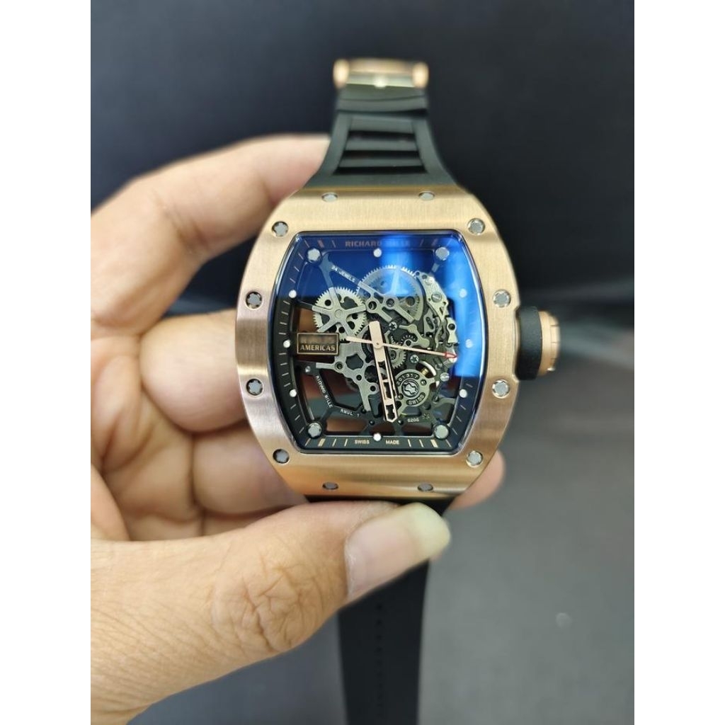 Jam RM035 AMERICAS ROSEGOLD STAINLESS CASE 44MM BLACK RUBBER STRAP/Jam Tangan Pria