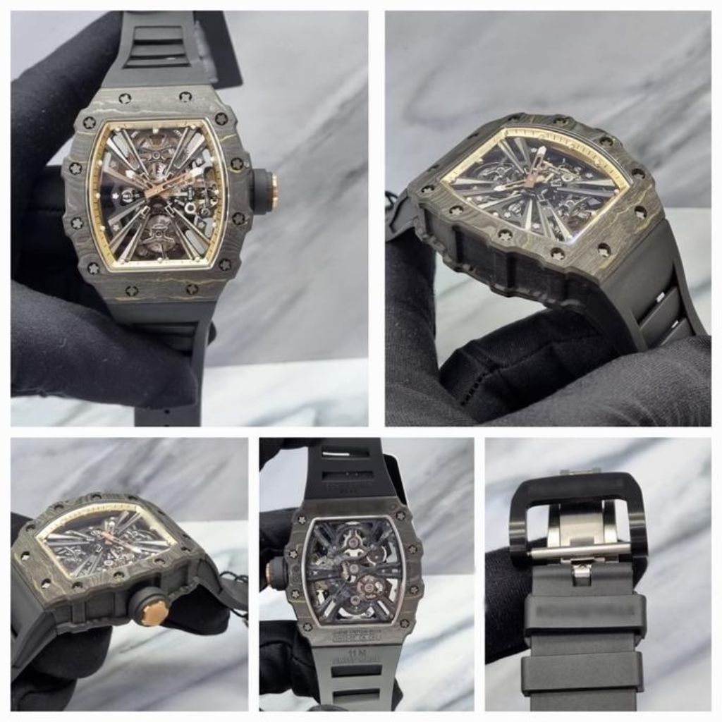 TERBARU RM12-01 BLACK CARBON CASE TURBILLON 43MM BLACK RUBBER STRAP TRANSPARANT BACKCASE/JAM PRIA TR