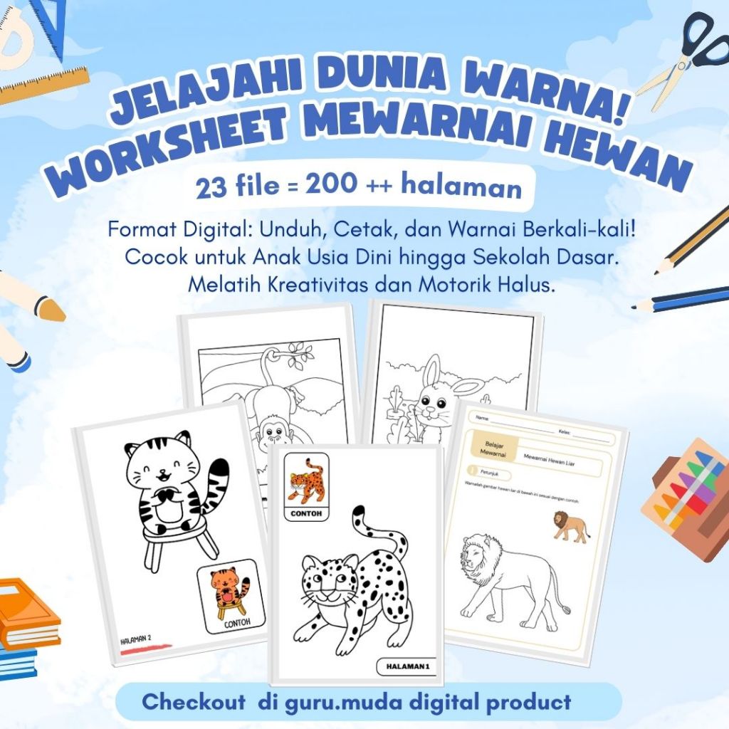 Buku Mewarnai Hewan Digital Worksheet Edukasi Anak PAUD TK