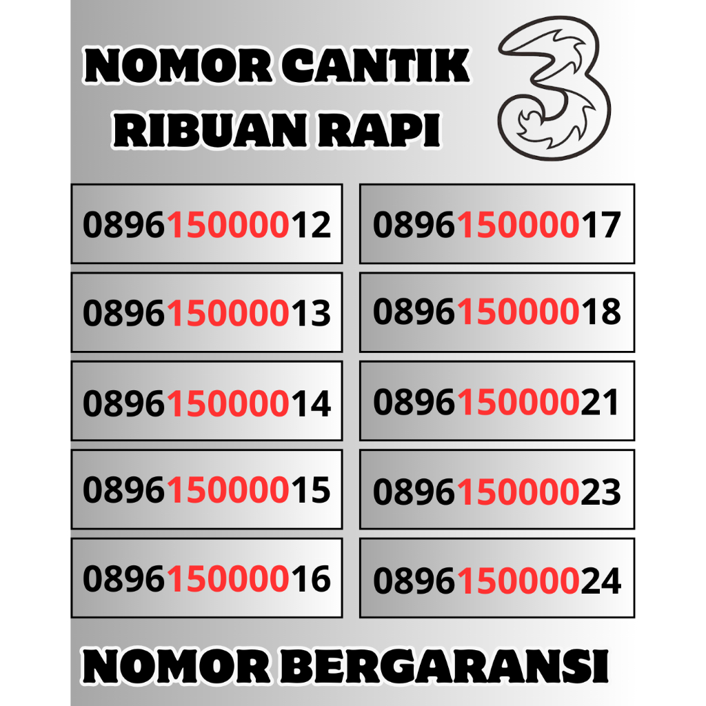 Nomor Cantik Tri Seri Ribuan Super Rapi Kartu Perdana Cantik