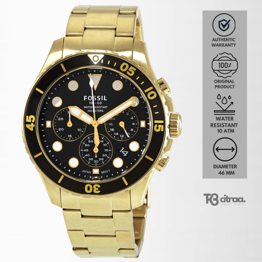 Jam Tangan Pria Fossil FB-03 FS5727 Chronograph Men Black Dial Gold Stainless Steel Strap Mewah Spor