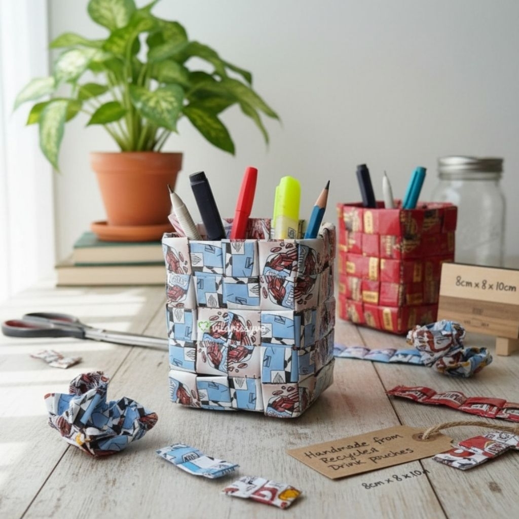 Tempat Pensil Daur Ulang Dari Bungkus Minuman & Kopi | Kotak Pensil EcoCraft | Anyaman
