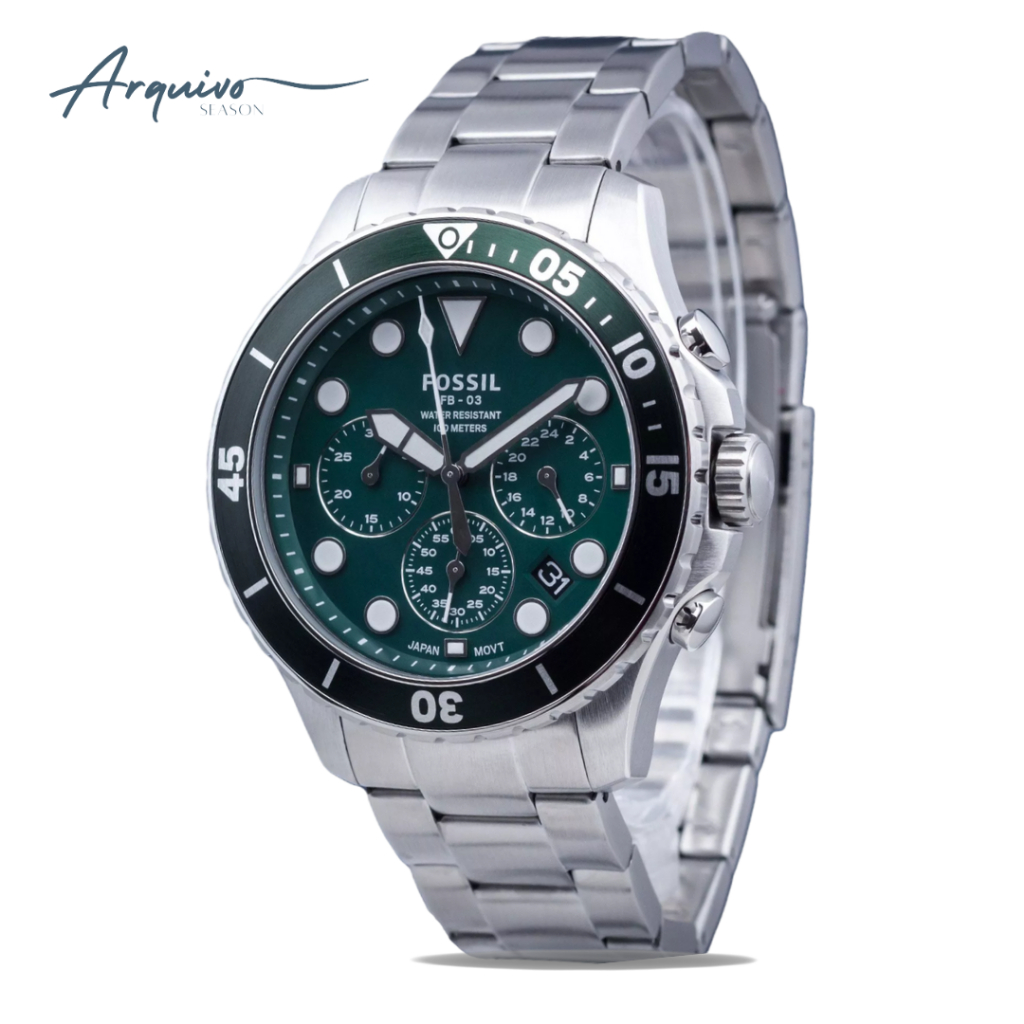 Jam Tangan Pria Fossil FB-03 Chronograph Men Green Dial Silver Stainless Steel Strap Sporty Mewah Or