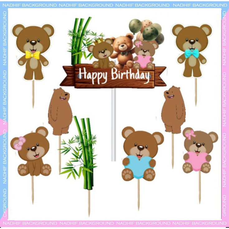 Topper Karakter PANDA BROWN Harga Grosir Decorasi Cake Happy Birthday Topper Hiasan Kue Ulang Tahun 