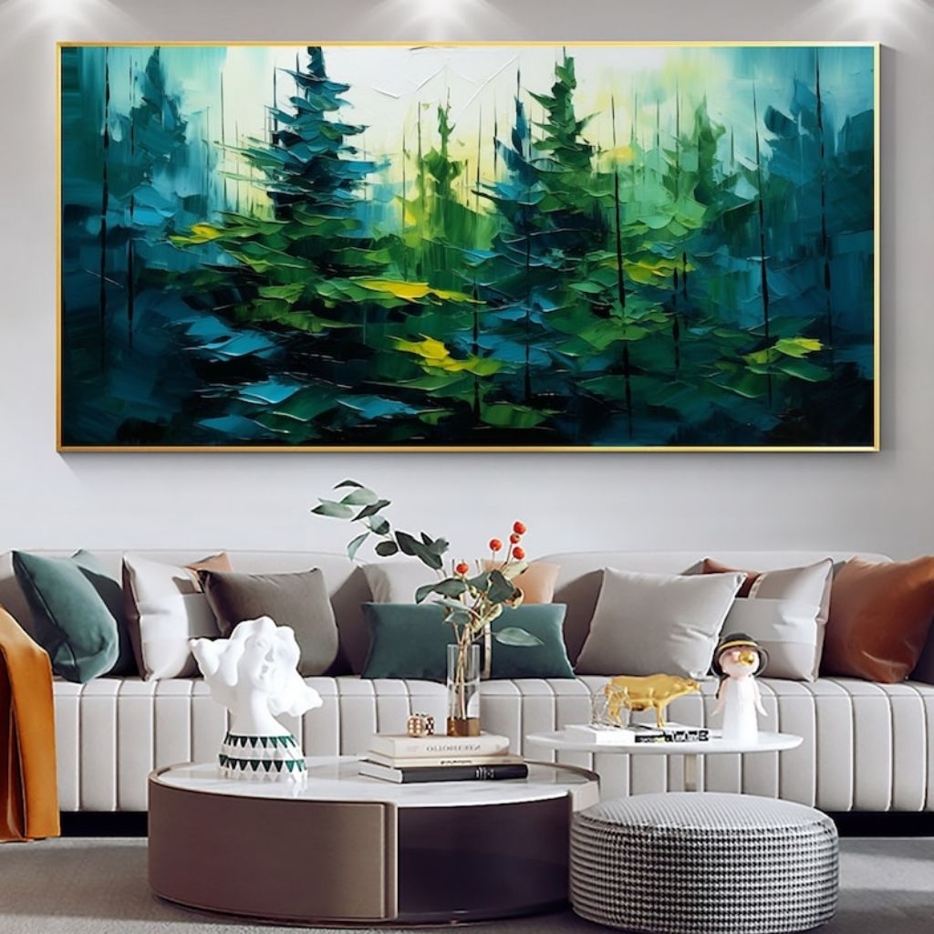 Lukisan pemandangan hutan tekstur timbul, minimalis modern