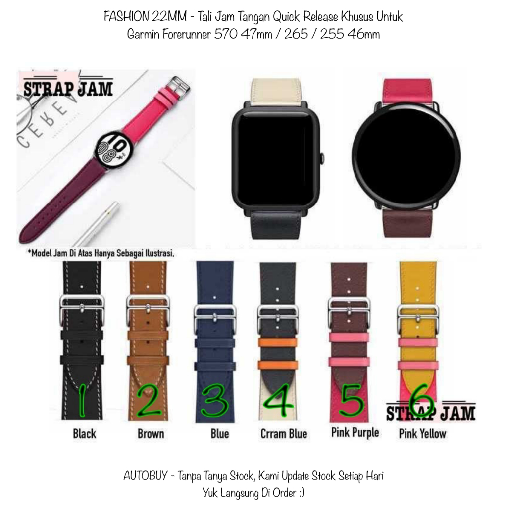 Fashion Leather Strap Garmin Forerunner 46mm 47mm 570 265 255 - Strap 22mm Kulit Stylish Thin