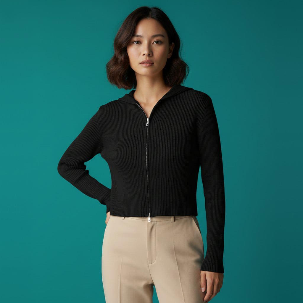 Sweater Hoodie Knit Rajut Wanita Crop Double Zipper