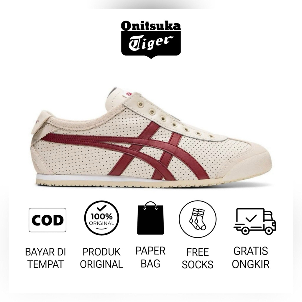 Sepatu onitsuka slip on leather cream maroon sepatu sneakers sepatu wanita sepatu pria sepatu origin