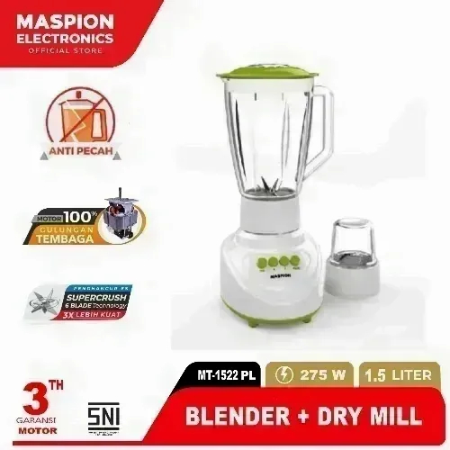 Maspion MT-1522 PL MT1522PL – Blender Plastik & Dry Miller 1.5 Liter 275 Watt 2 in 1