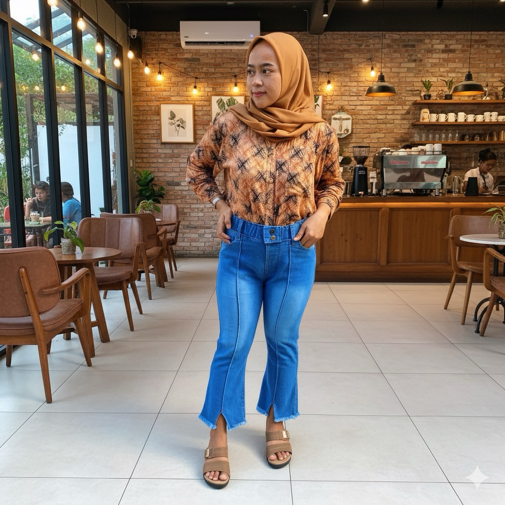 Celana Jeans Wanita Cutbray 7/9 Pinggang Karet Belah Depan Rawis Kekinian