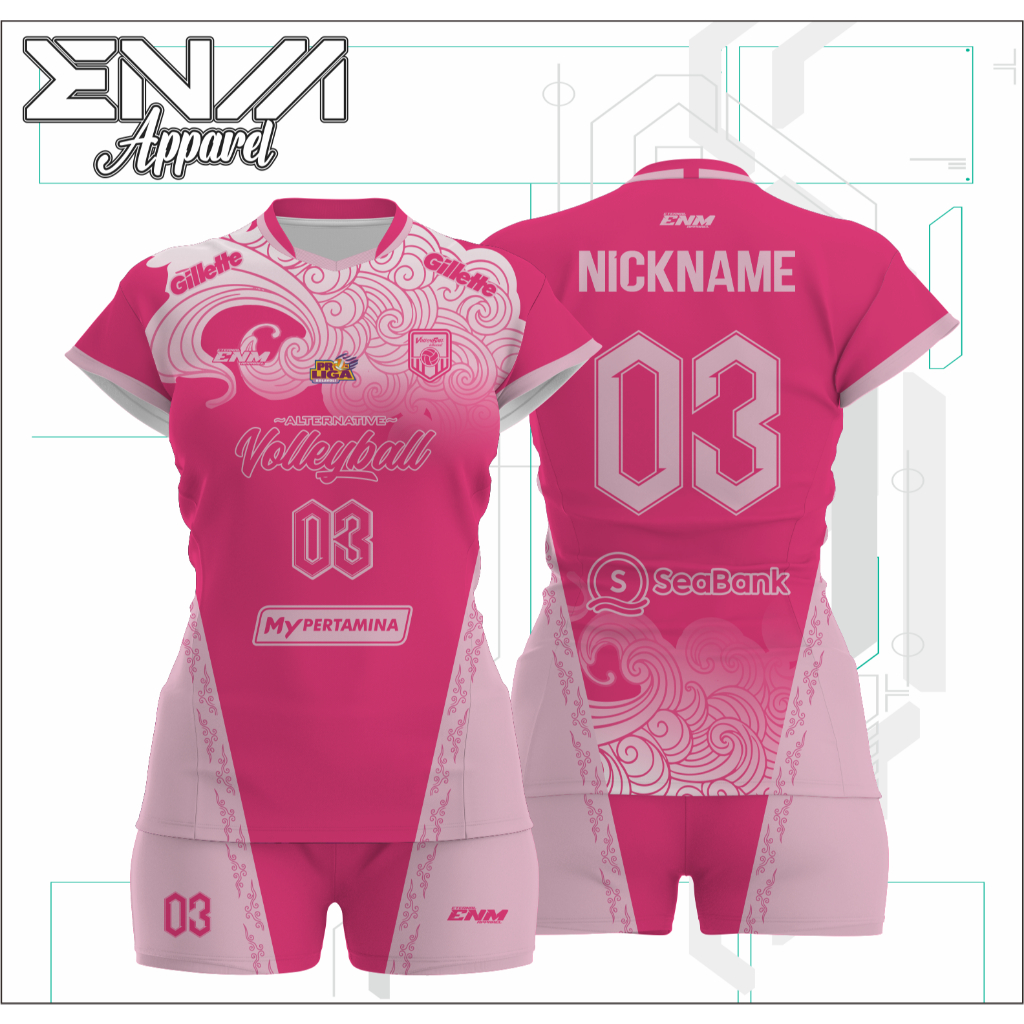Jersey volly cewek PINK BODYSUIT custom baju volly cewek full print set jersey voli cutting cewek fe