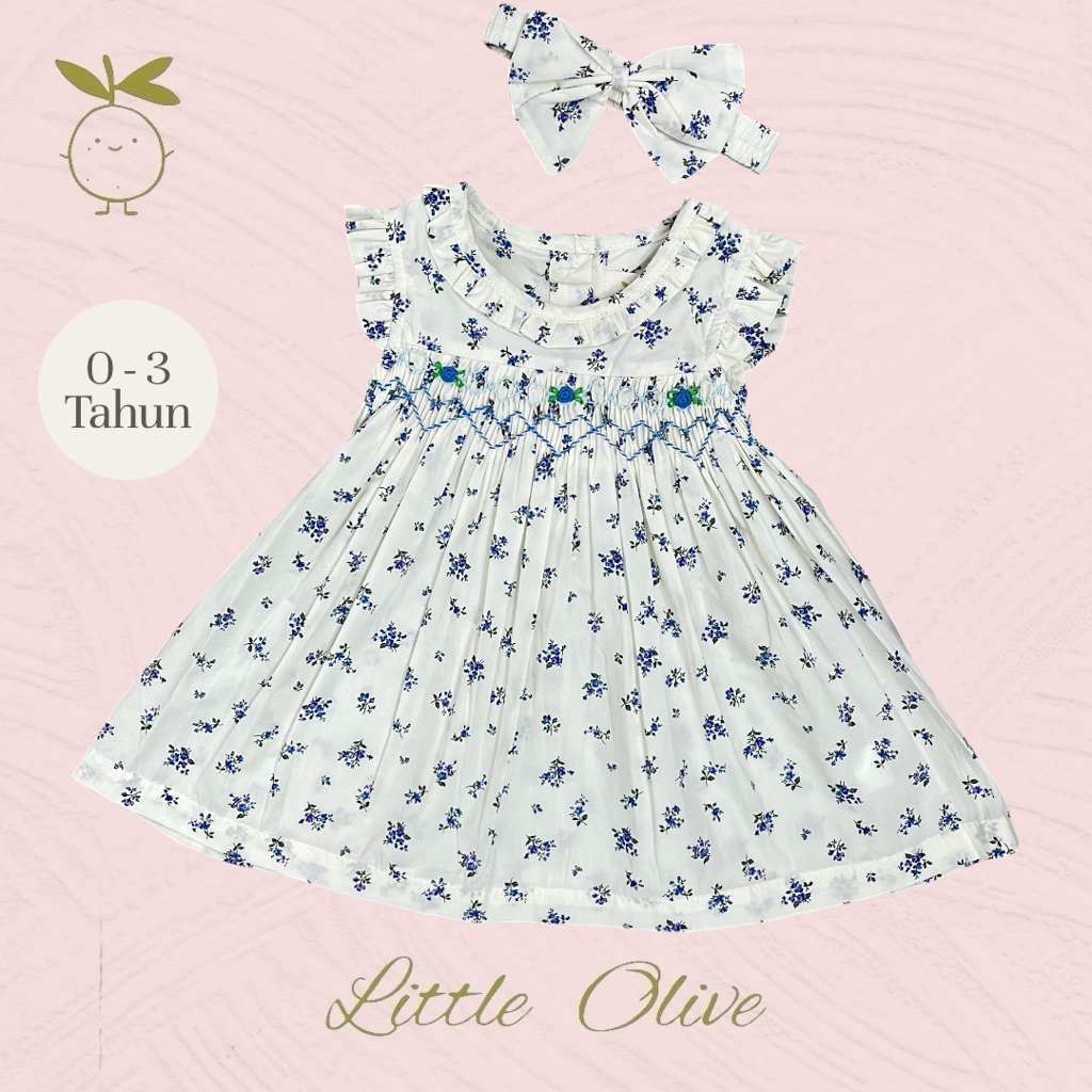 Little Olive- Katie Dress | 0-3 Tahun | Dress Anak Newborn | Baju Bayi | Motif Bunga smocked premium