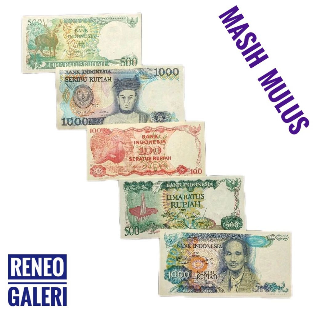 Paket 5 Lembar Mulus tahun 80an miniset 1980an uang kertas kuno Rupiah antik unik asli original