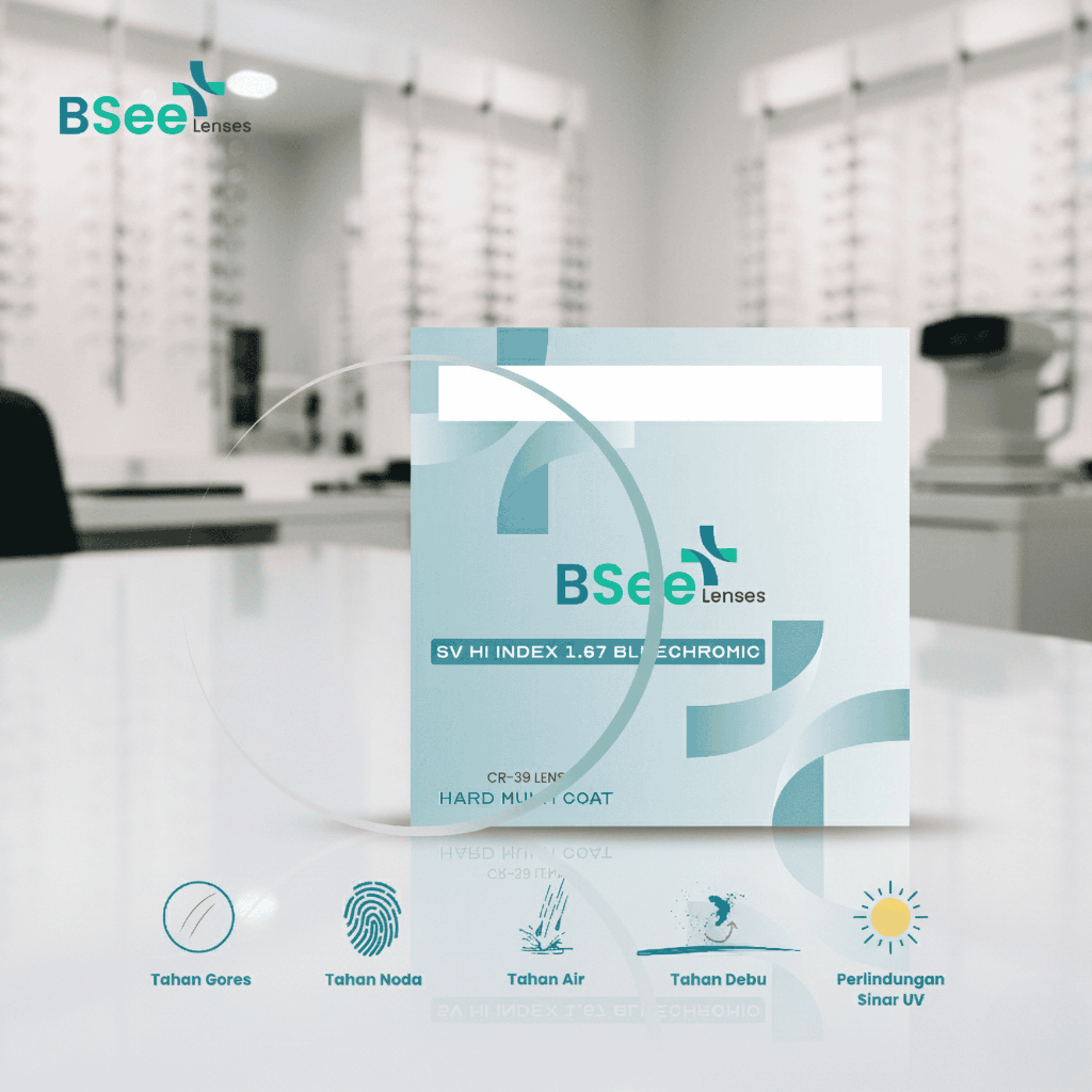 Lensa BSee SV Hi-Index 1.67 Bluechromic CR-39 – Blueray + Photochromic, Tipis & Ringan, Cocok untuk 