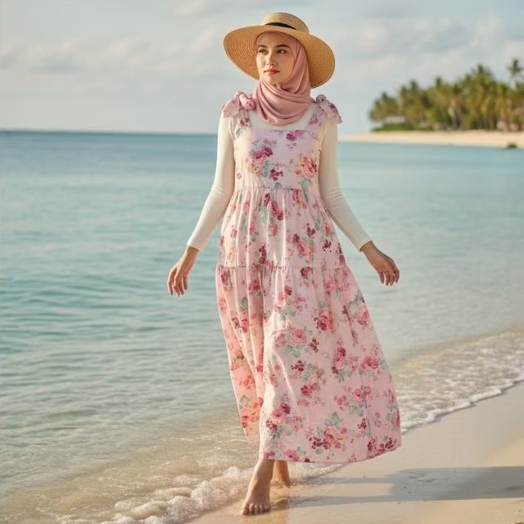 Ready Stock Overall Pita Floral Pink Baju Outer OOTD Pantai Motif Bunga Cantik