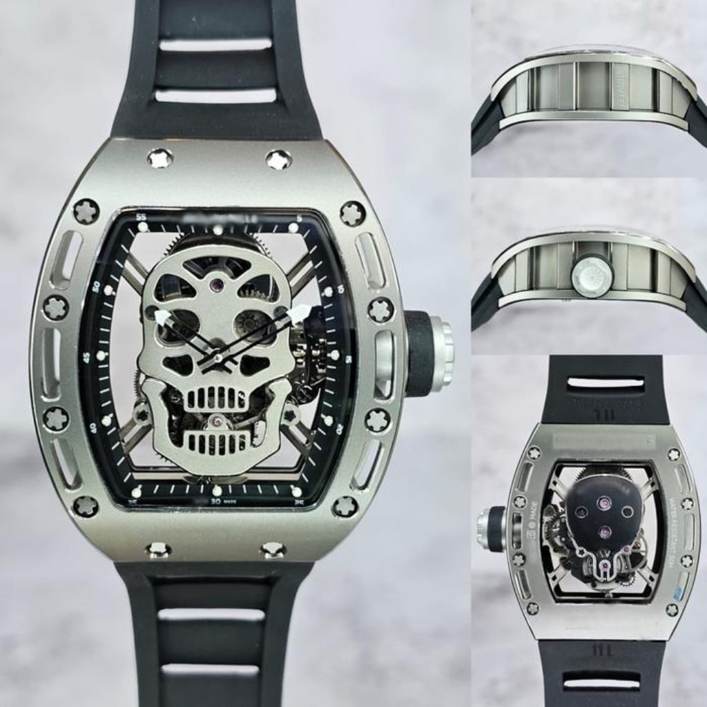 JAM TANGAN COWOK RM052 SKULL TITANIUM CASE TURBILLON 43MM BLACK RUBBER STRAP