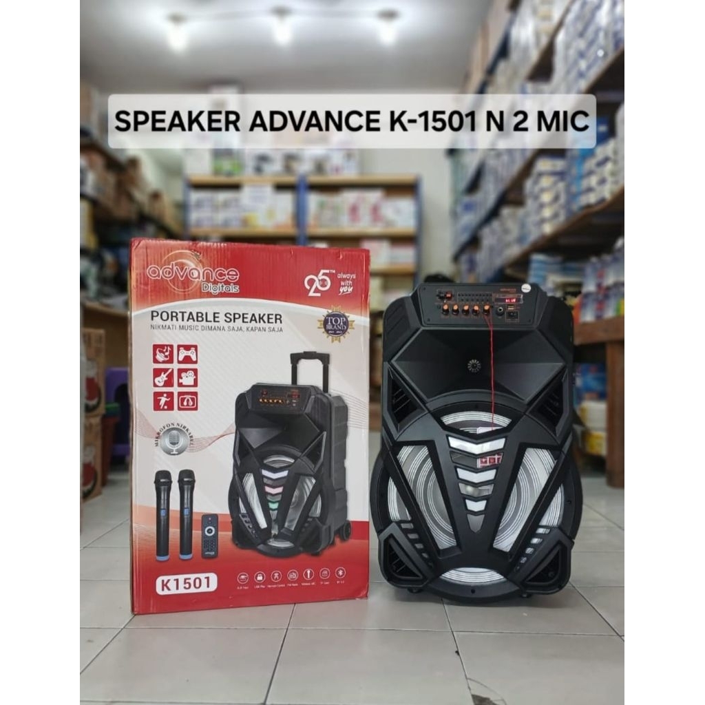 ADVANCE SPEAKER PORTABLE BLUETOOTH 15" INCH + 2 MIC WIRELESS ADVANCE K-1501