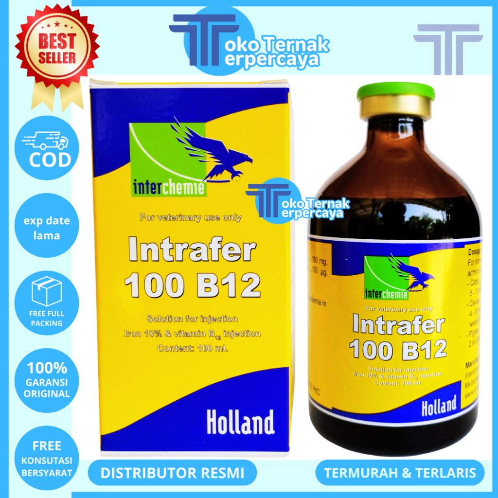 INTRAFER-100 B12 100ML (STIKER KUNING) - Obat Hewan Anti Anemia & Pemacu Pertumbuhan Fe & B12 Sapi B
